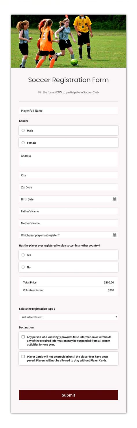 Soccer Registration Form Template Design