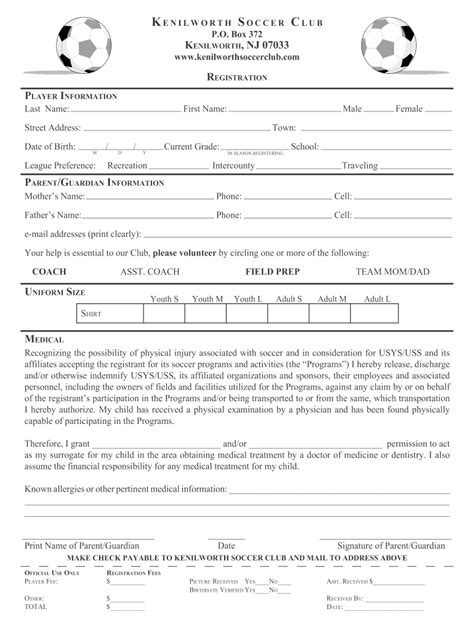 Soccer Registration Form Template Fields