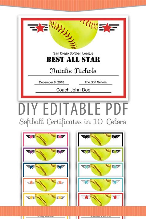 Softball Certificate Wording