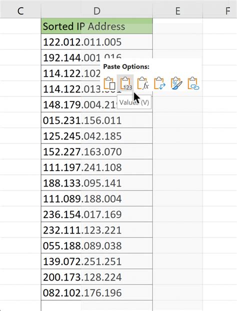 Sorting IP Addresses in Excel