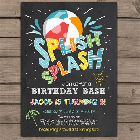 A colorful illustration of a Splish Splash birthday party invitation template