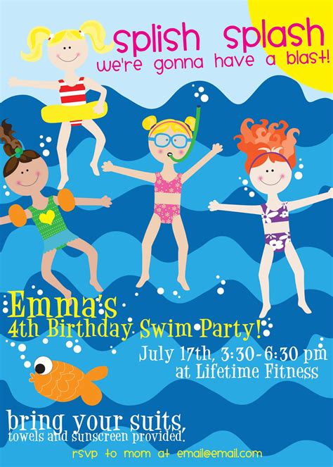 A sample Splish Splash birthday party invitation template featuring a colorful illustration of a swimming pool