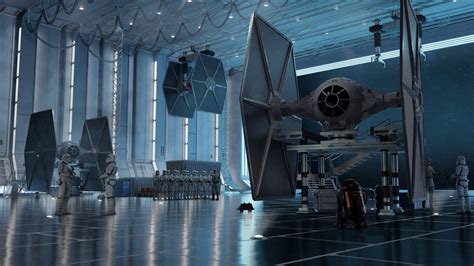 A view of the Imperial Star Destroyer's hangar bay, with TIE fighters and other spacecraft stored