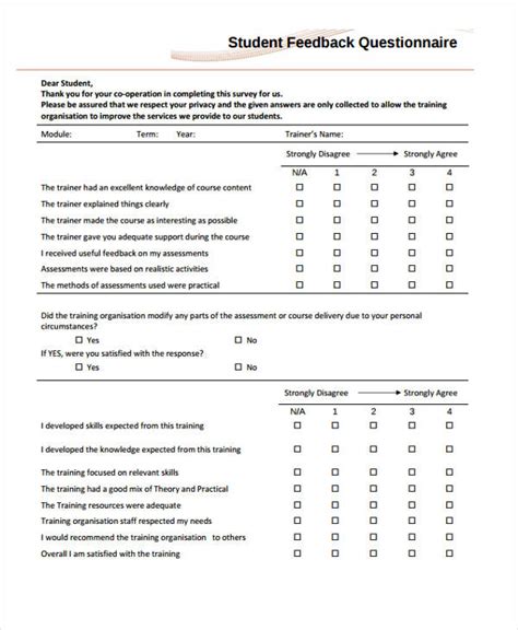 Student Feedback Questionnaire Template