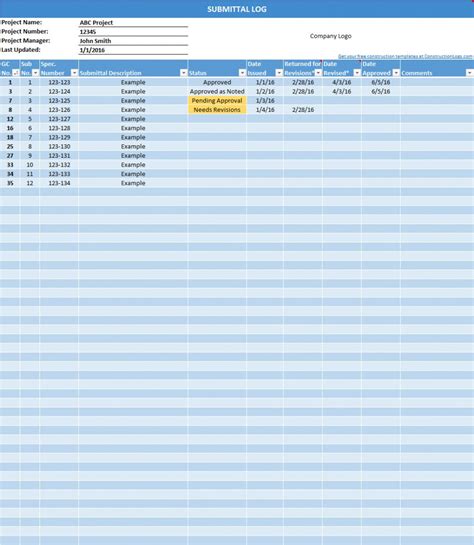 Submittal Schedule Template in Excel