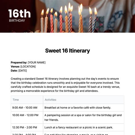 Sweet 16 Itinerary Template