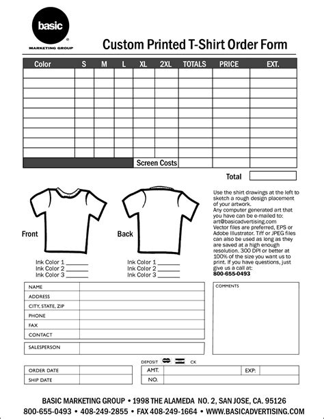 Tee Shirt Order Form