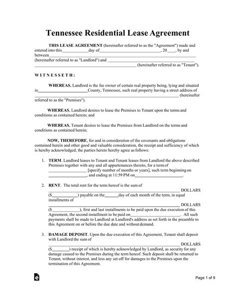 Tennessee Residential Lease Agreement Blank