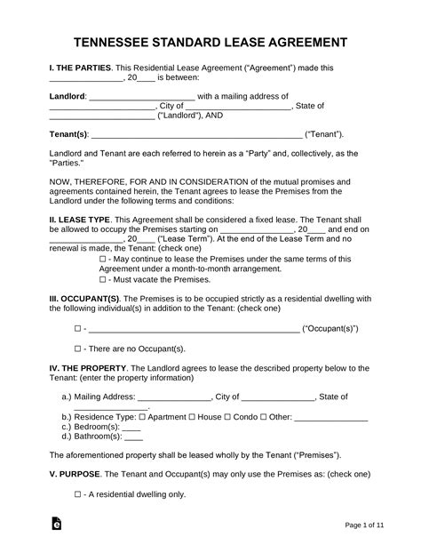 Tennessee Residential Lease Agreement Template