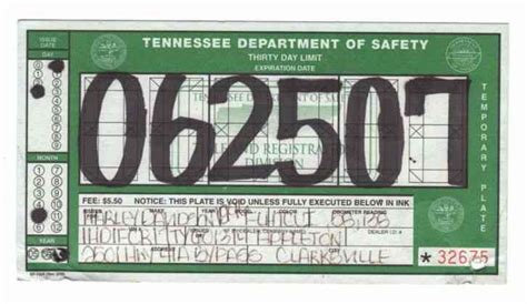 Tennessee Temporary License Plate Printable Template