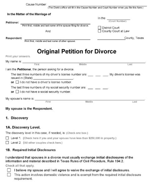 Texas Divorce Forms Example