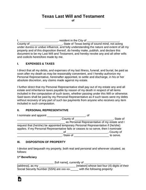 Texas Last Will and Testament Form