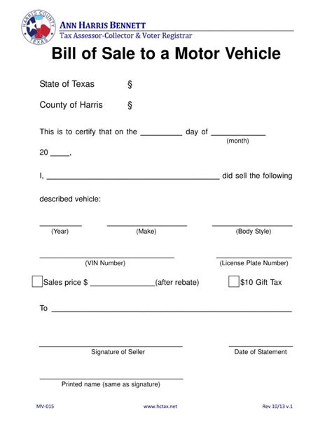 Texas Motor Vehicle Bill of Sale Form Template Example 1