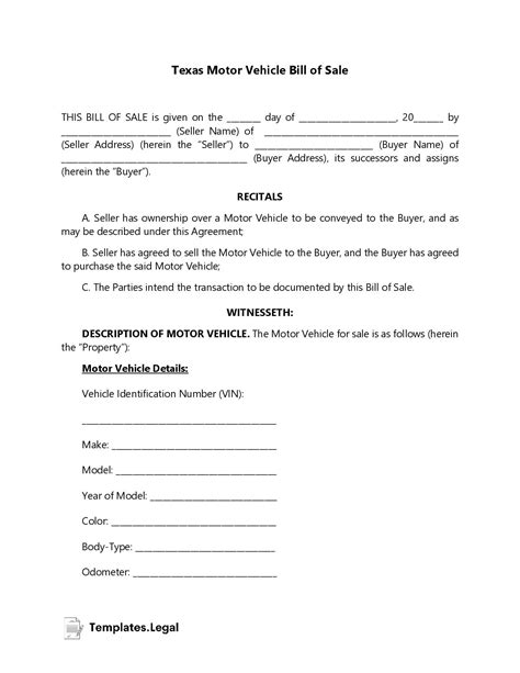 Texas Motor Vehicle Bill of Sale Form Template Example 2