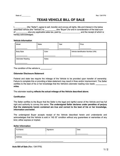 Texas Motor Vehicle Bill of Sale Form Template Example 3