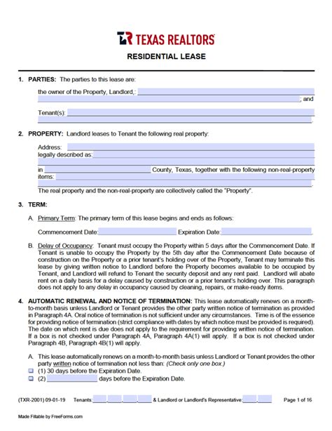 Texas Residential Lease Agreement Sample