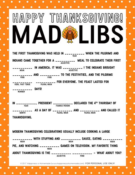 Thanksgiving Mad Libs Printable Fun