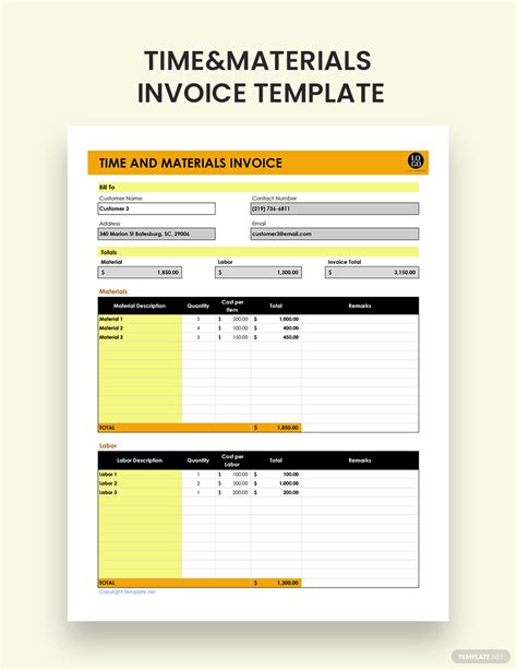 Time and Material Invoice Template Excel Free Download