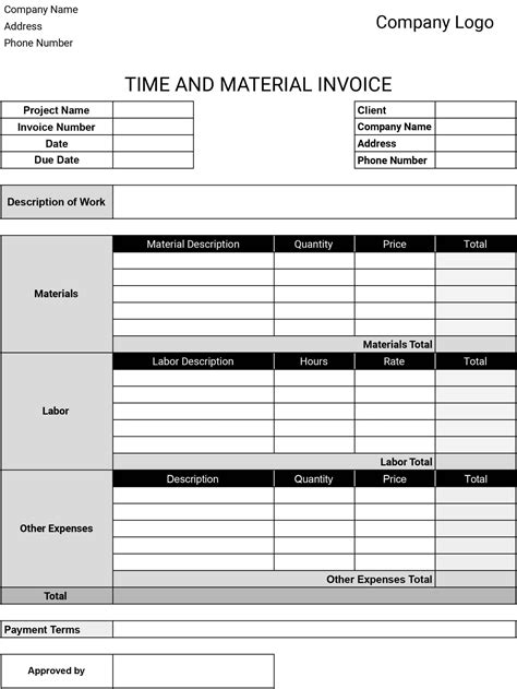 Time and Material Invoice Template PDF