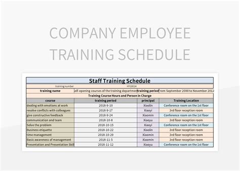 Training Schedule Excel Template