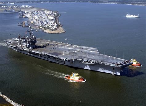 USS John F. Kennedy CV-67 docked in a harbor