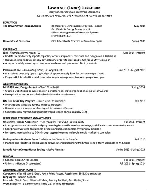 UT McCombs Resume Example 1