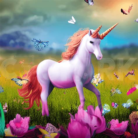 A unicorn in a meadow with flowers