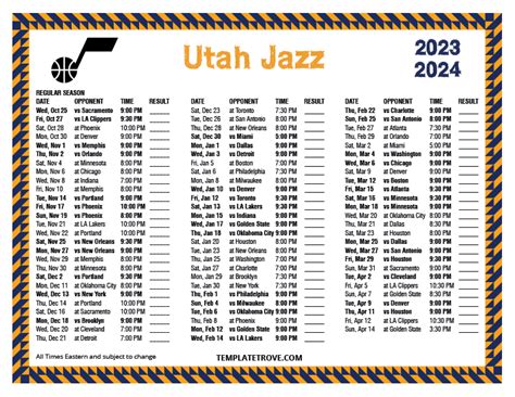 Utah Jazz Schedule Printable 2023-2024 Season