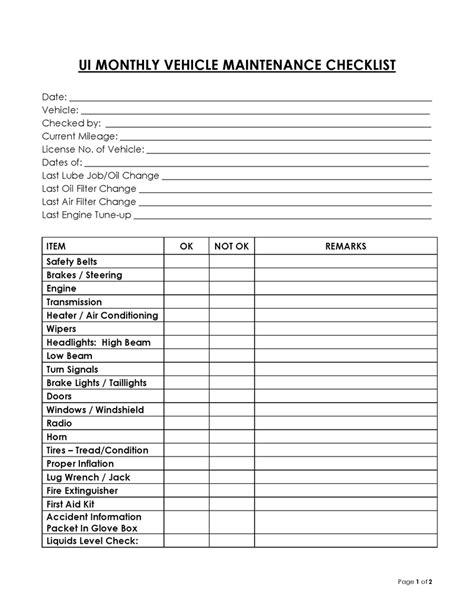 Vehicle Inspection Checklist Template