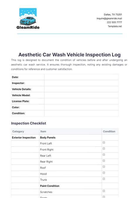 Vehicle Inspection Log Template