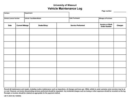 Vehicle Maintenance Log Sheet