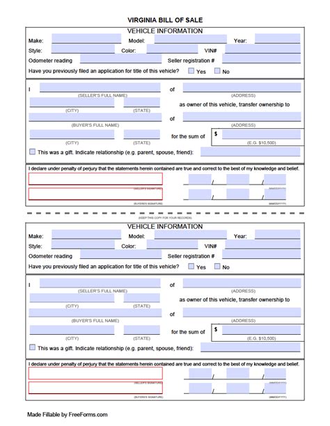 A sample of the Virginia Bill of Sale Form