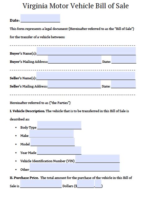 A sample of the Virginia DMV Bill of Sale Form Template