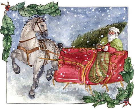 Watercolor illustration of Santa Claus on his sleigh