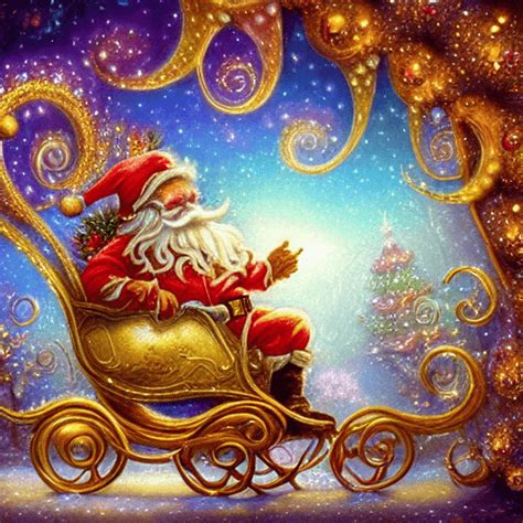 Whimsical illustration of Santa Claus on his sleigh