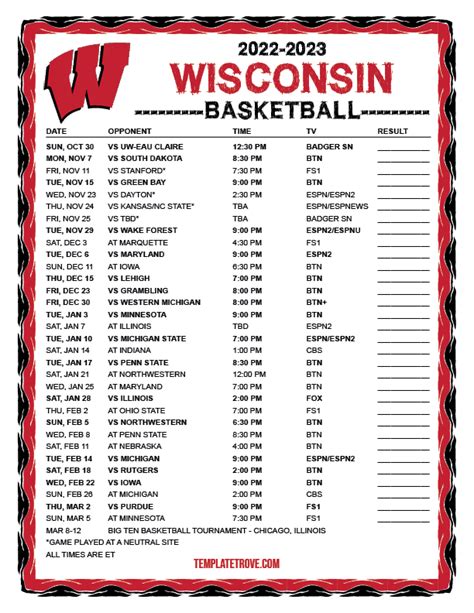 Wisconsin Badgers Basketball Schedule Print Format