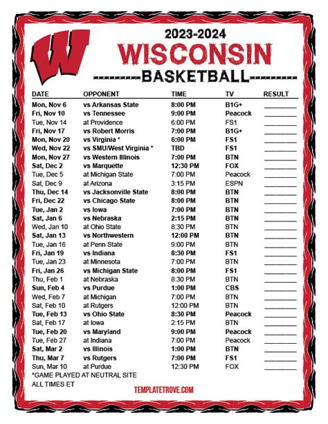 Wisconsin Badgers Basketball Schedule Printable