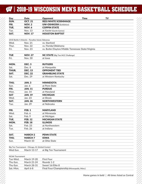 Wisconsin Badgers Mens Basketball Printable Schedule Version