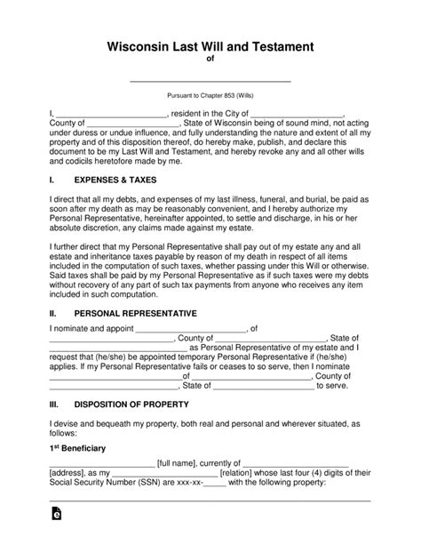 Last Will and Testament Template in Wisconsin