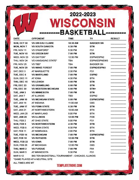 Wisconsin Mens Basketball Printable Schedule Format