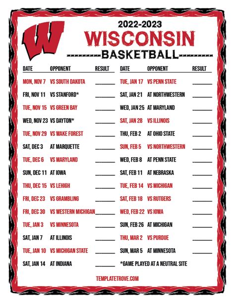 Wisconsin Mens Basketball Schedule Printable Version