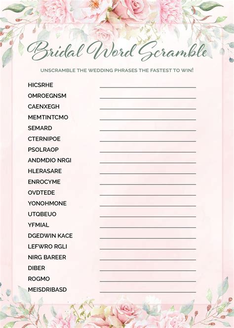 Word Scramble Game for Bridal Shower