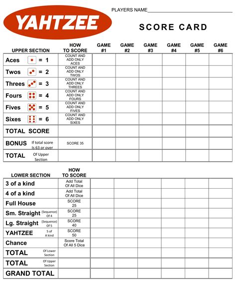 Yahtzee Printable Score Sheet