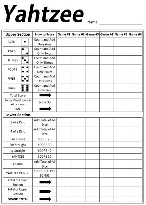 Yahtzee Score Card Template