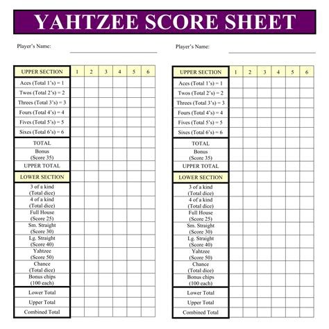 Yahtzee Score Sheet Blank