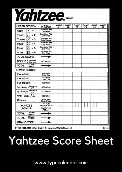 Yahtzee Score Sheet Example