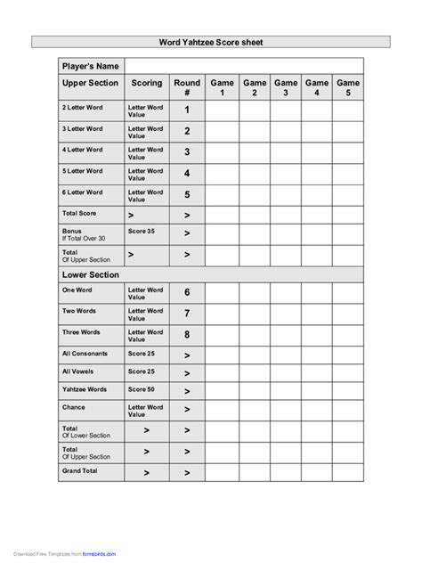 Yahtzee Score Sheet Template Word