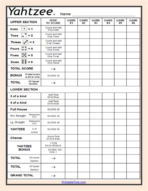 Yahtzee Scorecard Template