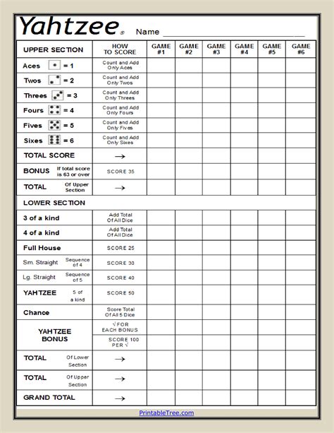 Yahtzee Team Scorecard