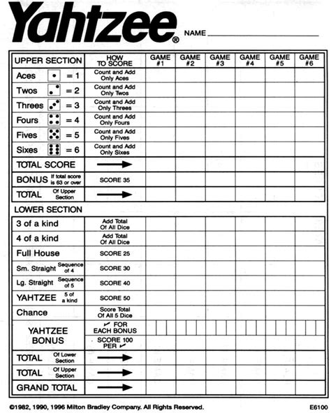 Example of a downloadable Yahtzee score card